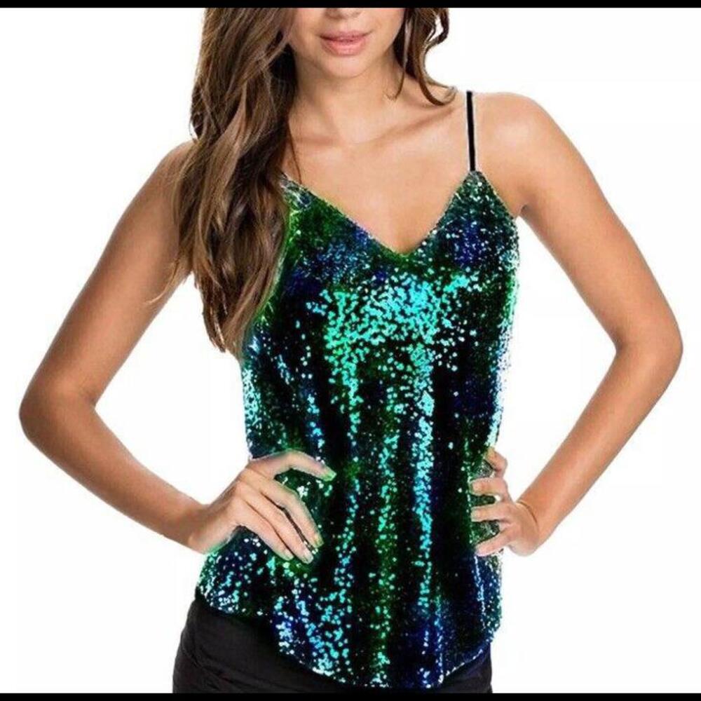 👠👚💚Womens Sequin Tank Tops Casual Fashion V Neck Strappy Sparkly